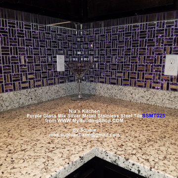 Purple Glass Silver Metal Stainless Steel Mosaic Kitchen Wall Tile SSMT025