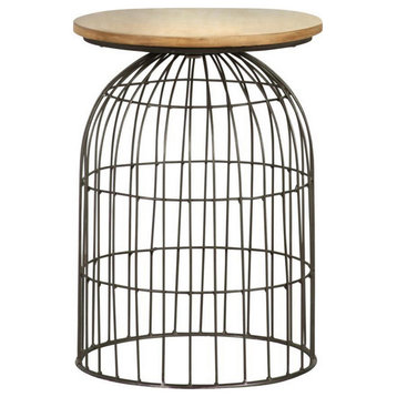 21" Round Accent Table With Bird Cage Style Base, Beige Marble, Black