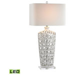 ELK Home - Elk Home Woven Table Lamp, Gloss White, LED - Made From Earthenware In A High Gloss White Finish And Topped With A White Fabric, Cur Corner Shade And Complemented By A Crystal Base.