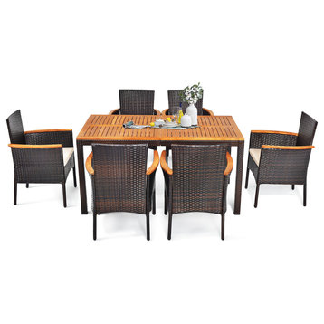 Costway 7PCS Patio Rattan Dining Set Armrest Cushioned Chair Wooden Tabletop