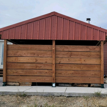 Metal Roof on Wood Shed, Basement Door, and Stairs
