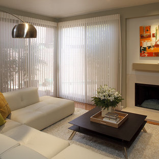 Imagen de salón contemporáneo, de tamaño medio, con chimenea tradicional, paredes verdes, suelo de madera en tonos medios y marco de chimenea de piedra