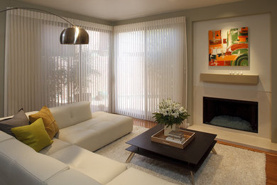 Living room - mid-sized contemporary medium tone wood floor living room idea in Dallas with a standard fireplace, green walls and a stone fireplace