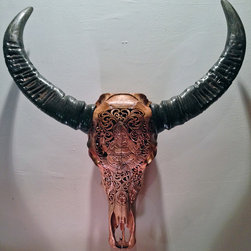 Hand Carved Skull - Water Buffalo, Ganesha Design, Tea Colored - Artwork