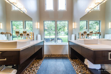 Inspiration for a huge contemporary master black tile and ceramic tile ceramic tile bathroom remodel in Salt Lake City with a vessel sink, flat-panel cabinets, dark wood cabinets, quartz countertops and gray walls