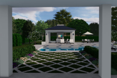 Modelo de casa de la piscina y piscina clásica grande a medida en patio trasero con adoquines de piedra natural