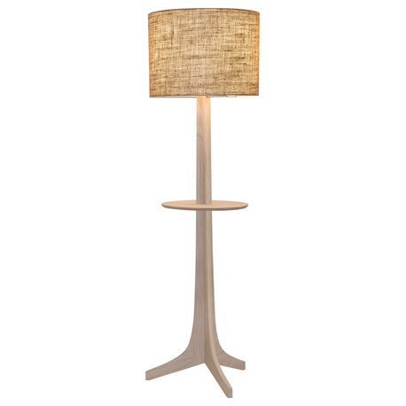 Nauta Floor Lamp, Brushed Brass, White Washed Oak, Burlap/Exposed Top Surface, Matching Wood Shelf With Exposed Top Surface