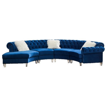 Legend Vansen 138.6" Modern Velvet Sectional Sofa with Nailhead Trim in Blue