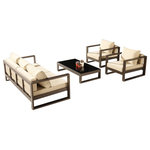 Babmar Outdoor Furniture - Amber Modern Outdoor Sofa Set - MB1043 Amber Sofa Set for 5. This contemporary seating arrangement includes a Loveseat, 2 Club Chairs and a Rectangular Coffee Table. Utilizing only heavy gauge aluminum frames, extremely sturdy with timeless lines which will never go out of style and yet provides extreme comfort. Frame Color: Brown, Fabric Colors:[AXVISION AND SUNPROOF], Table Top: Black Frosted Glass.