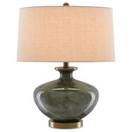 Currey & Company - Greenlea Table Lamp - Our Greenlea Table Lamp is made of glass with an intermingling of dark gray and moss green swirling on its surface. The base, finial, and hardware in an antique brass finish complement the natural linen shade.