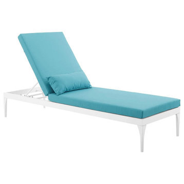 Comfortable Patio Chaise Lounge, White Painted Frame and Padded Seat, Turquoise