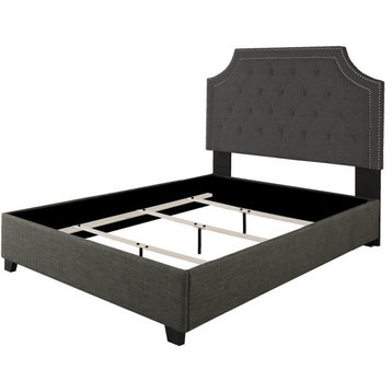 Audrey Upholstered Platform Queen Bed with Nailhead Trim in Gray Fabric