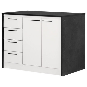 Contemporary Kitchen Island, 4 Drawers & Large Cabinet, Faux Black Stone/White