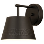 Z-Lite - Maddox One Light Wall Sconce, Matte Black - This one-light wall sconce from the Maddox collection creates a seamless easy-living look for casual spaces in need of extra lighting. Matte black finish iron adds a decadent look to a sconce featuring a conical shade with a texturized hammered belt detail and matching wall mount. Dress up a bathroom or hallway space with this elegant light that incorporates farmhouse and industrial motifs.