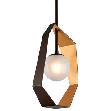 Origami LED Pendant, Frosted Clear Glass, Bronze With Gold Leaf, 12"