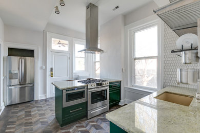 Photo of a mid-sized contemporary kitchen in Richmond with a single-bowl sink, raised-panel cabinets, green cabinets, granite benchtops, white splashback, ceramic splashback, stainless steel appliances, laminate floors, a peninsula and green benchtop.