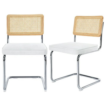 Set of 2 Dining Chair, Cantilever Design With Padded Seat & Rattan Back, White