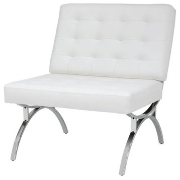 Midcentury Accent Chair, Chrome Legs and Tufted Bonded Leather Seat, White
