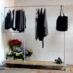 Michelle Galv Steel Pipe Clothes Rail / Rack with Reused Wooden Shelf on Castors - Clothes Racks