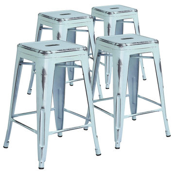 Set of 4 Counter Stool, Backless Design With Square Seat, Distressed Green Blue