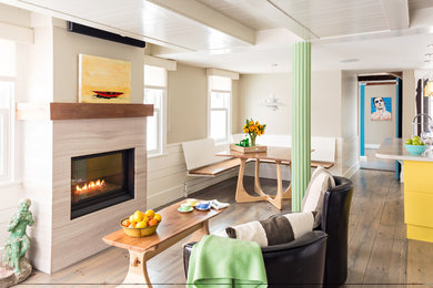 Small trendy open concept and formal medium tone wood floor living room photo in Boston with a stone fireplace, beige walls and a ribbon fireplace
