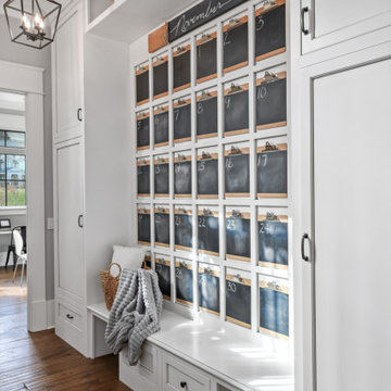 Luxury Modern Farmhouse Mudroom with Chalkboard Calendar Wall & Built-In Bench