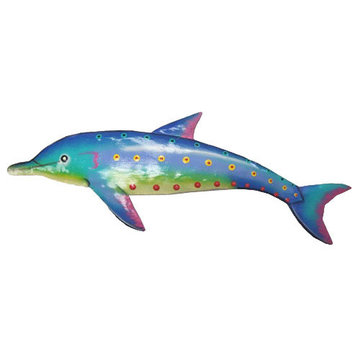 Bright Blue Funky Fun Dolphin Coastal Haitian Metal Art Wall Hanging