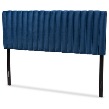 Emile Navy Blue Velvet Fabric and Dark Brown Finished Wood Queen Size Headboard