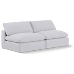 Meridian Furniture - Comfy Upholstered Modular Sofa, White, 2-Piece: 2 Armless Chair, Linen Textured Fabric - Give your space a whole new look with this white Comfy linen textured fabric sofa. This handsome sofa fits nicely with other items in the Comfy collection and is a versatile seating option designed for adaptability, comfort and style. Wrapped in rich white durable linen textured fabric upholstery, this sofa offers a plush embrace of overstuffed down feather cushions, carefully crafted to deliver the highest level of comfort. The perfect seat for creating an oasis for relaxation, this sofa has thick foam surrounding its frame for added support and coziness.