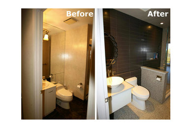 Example of a mid-sized trendy master brown tile and ceramic tile ceramic tile, brown floor, single-sink and vaulted ceiling bathroom design in New York with flat-panel cabinets, white cabinets, a one-piece toilet, brown walls, a vessel sink, quartz countertops, a hinged shower door, white countertops and a floating vanity