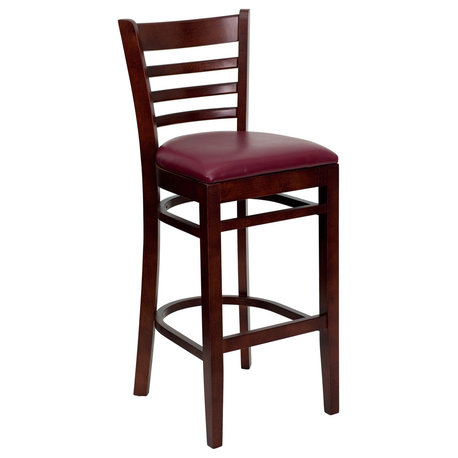 Ladder Back Mahogany Wood Restaurant Barstool, Burgundy Vinyl Seat