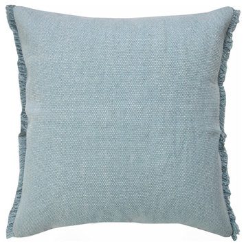Light Blue Solid Stonewash Throw Pillow With Fringe, 20" X 20"