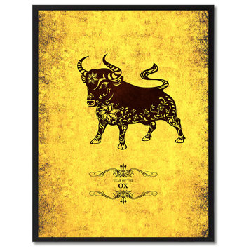 Ox Chinese Zodiac Yellow Print on Canvas with Picture Frame, 28"x37"