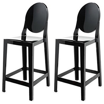 Designer Counter Height Stool With Solid High Back Side Chair Footrest, Black, Set of 2