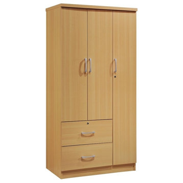 Hodedah 3 Door Armoire with 2 Drawers 3 Shelves in Beige Wood