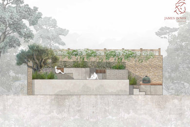 Design ideas for a small contemporary courtyard formal fully shaded garden for autumn in Other with a raised bed, natural stone paving and a stone fence.