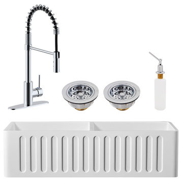 36" Double Bowl Solid Surface Reversible Sink and Faucet Kit, Polished Chrome