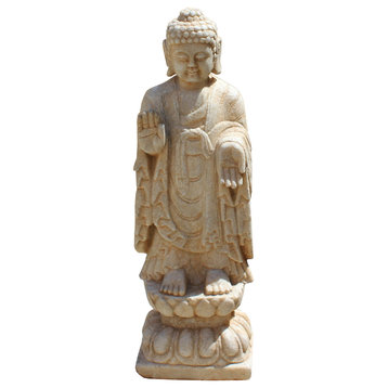 Chinese Small Brown White Stone Standing Abhaya Mudra Buddha Statue Hcs4315