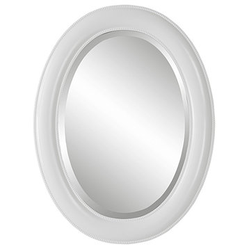 Benzara BM276688 29" Wood Wall Mirror, Beaded Oval Shape, White