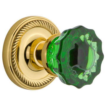 Rope Rosette Privacy Crystal Emerald Glass Knob, Polished Brass