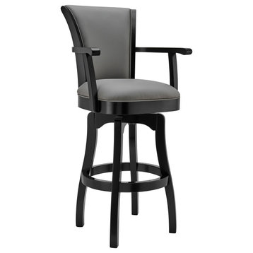 Raleigh Arm 26" Counter Height Swivel Barstool, Black Finish/Gray Faux Leather