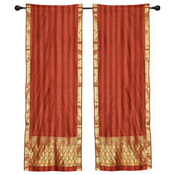 2 Boho Rust Indian Sari Curtains Rod Pocket Window Panels Drapes -43W x 63L