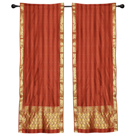 2 Boho Rust Indian Sari Curtains Rod Pocket Window Panels Drapes -43W x 63L