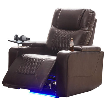Modern Electric Power Recliner, Swiveling Tray Table & 2 Cup Holders, Brown
