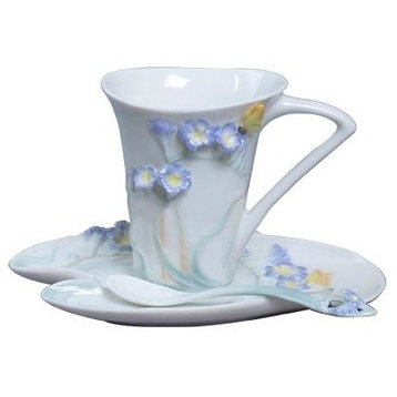 Freesia Coffee Cup Set With Spoon, Purple Flower, Home Accent, Fine Porcelain