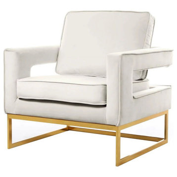 Modern Accent Chair, Iron Base and Padded Velvet Seat With Open Arms, Cream/Gold
