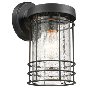 Textured Black Outdoor Cylinder Wall Sconce Lantern Light With Seedy Glass