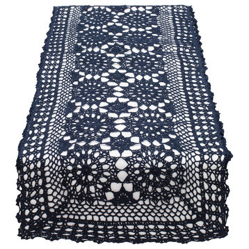 Handmade Crochet Lace Cotton Rectangular Table Runner, Navy Blue, 16"x 72"