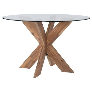 Linon Hale X Base Wood Dining Table With Glass in Natural Brown