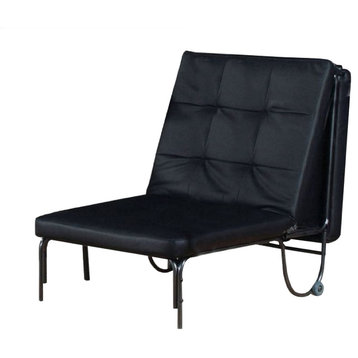 Adjustable Metal Futon With Faux Leather Tufted Details & Casters, Black